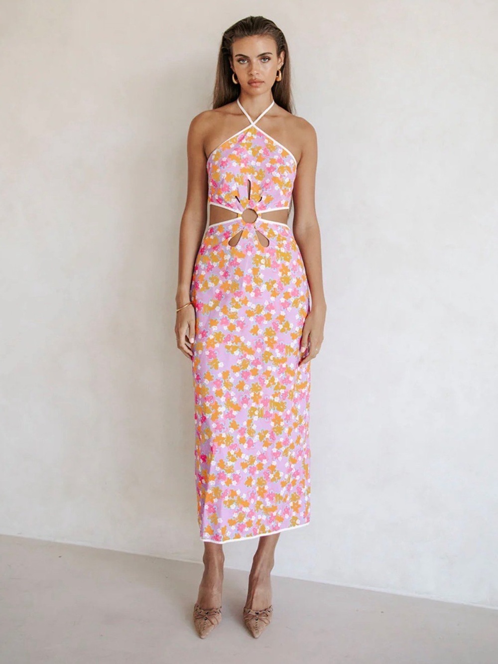 SABO Skirt Pink Floral Cutout Halter Midi Dress